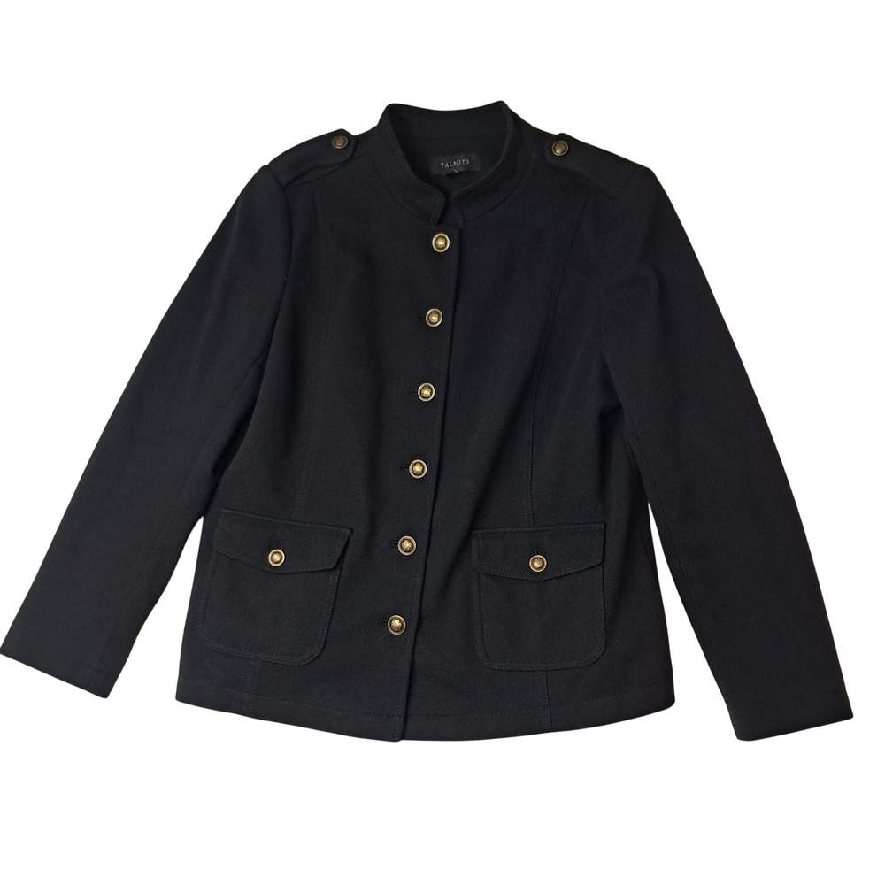 Talbots Blazer Jacket Womens 14 Black Military Crest Professional Career Preppy